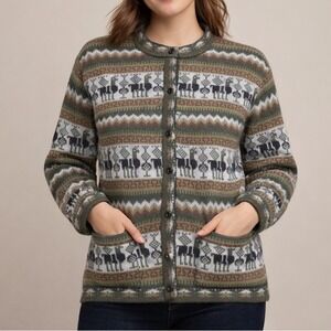 Alpaca Fair Isle Cozy Cardigan Sweater Women's Green Brown Los Incas M/L